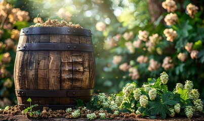 Wooden barrel with hops and barley beside it at the Oktoberfest festival.