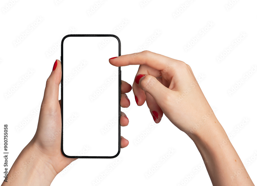 Poster hand holding mobile phone screen mock up, showing smartphone mockup, scrolling display, isolated on 