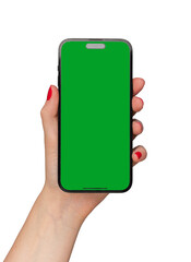 Hand holding mobile phone screen mock up, showing phone smartphone mockup, isolated on white...