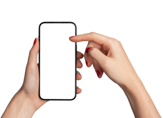 Hand holding mobile phone screen mock up, showing smartphone mockup, scrolling display, isolated on white background.., transparent PNG