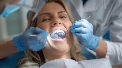 Fototapeta premium Close-up of a woman undergoing a dental examination by a dentist wearing blue gloves, using dental tools like a mirror and probe.
