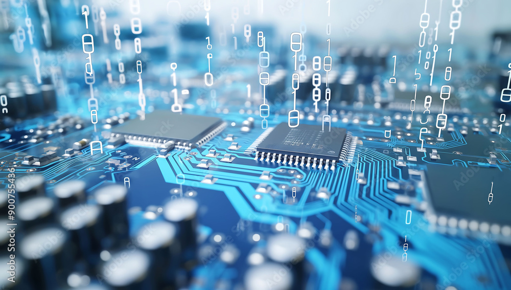 Aufkleber 3d rendering of futuristic blue circuit board and cpu illustration. generative ai