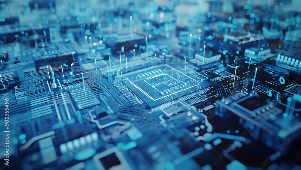 Aufkleber 3d rendering of futuristic blue circuit board and cpu illustration. generative ai