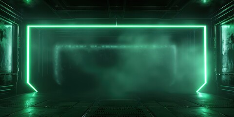 Glowing green LED lights framing a dark hallway, abstract futuristic background