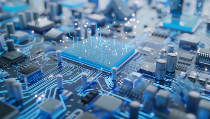 3D rendering of futuristic blue circuit board and CPU illustration. Generative AI