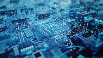 3D rendering of futuristic blue circuit board and CPU illustration. Generative AI