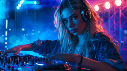Young blonde woman in casual clothes and headphones at the DJ console in a nightclub. Concept of music, night life.