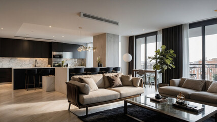 Fototapeta premium Modern living room with large windows, comfortable seating, and stylish decor in neutral color scheme.