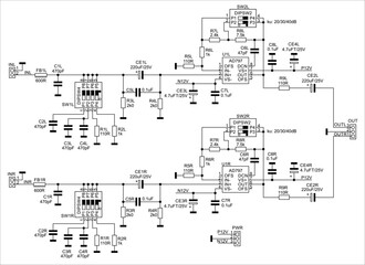 Technical schematic diagram of electronic device.
Vector drawing electrical circuit with 
switch, integrated circuit, capacitor, resistor,
other electronic components.
