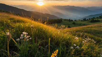 Obraz premium Serene sunrise over rolling hills with lush green fields and colorful wildflowers under cloudy sky.