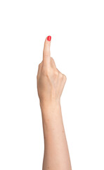 Right hand of a lady with red nail varnish, index finger extended to point and indicate. Gesture showing direction, isolated on white background. design emphasizing body language., transparent PNG