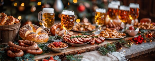 Rustic table adorned with beer steins, pretzels, and sausages under decorations.