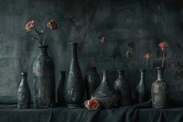 Artistic arrangement of rustic vases with roses against a textured backdrop