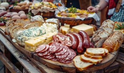 Fototapeta premium Rustic wooden table laden with a variety of Bavarian delicacies like sausages, cheese, and bread at the Oktoberfest festival.