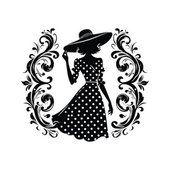 woman wearing retro fashion polka dot midi dress with a wide brimmed hat