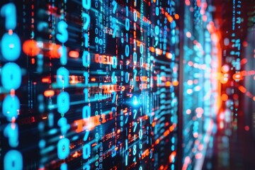 Abstract image of binary code and leds on network servers indicative of data processing