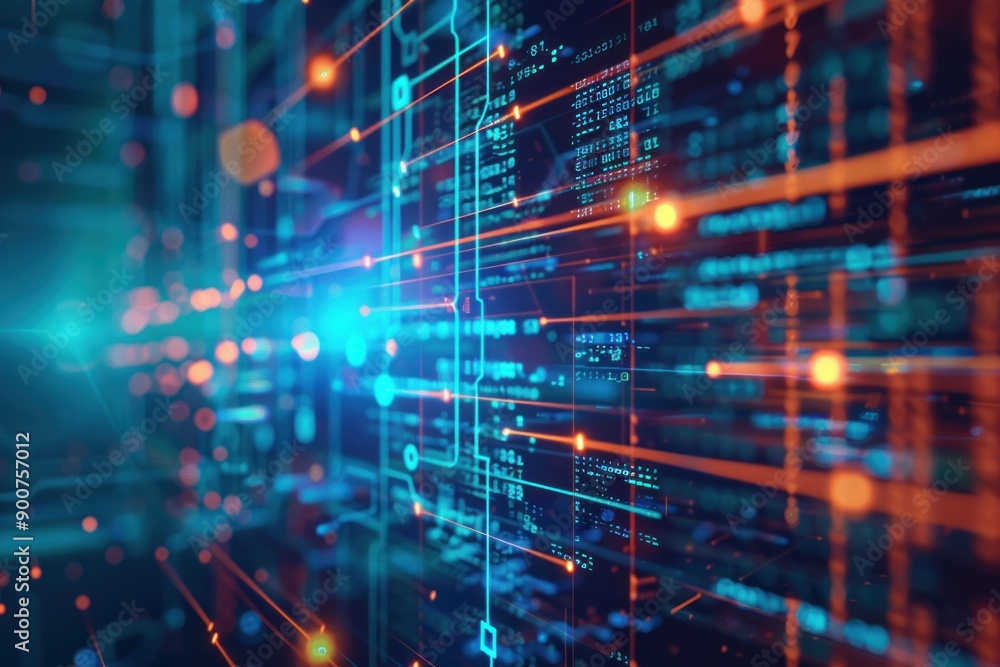 Poster vibrant image depicting a complex digital network with glowing lines and data blocks