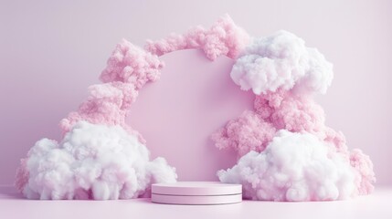Fototapeta premium A pink cloud filled with white clouds with a white circle in the middle