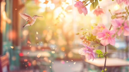 A beautiful little bird flies around the blooming pink flowers along the streets at sunset. The hummingbird bird enjoys and feels freedom in the open air.
