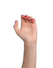 hand isolated, palmar view, red varnish, closeup. Woman's hand waving hello or goodbye, showcasing elegant, polished nails. Body language and communication, delicate and beautiful,., transparent PNG