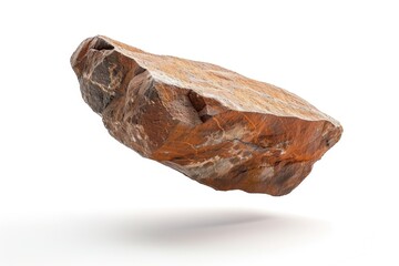 A brown rock suspended in mid-air against a white backdrop.






