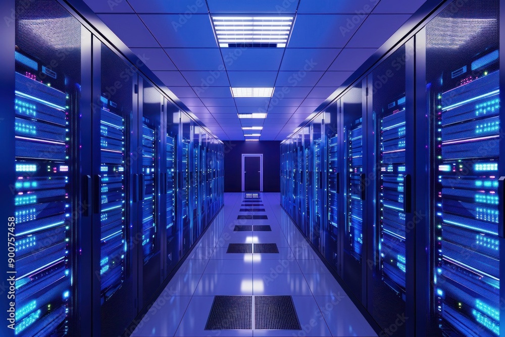 Poster hightech data center with rows of server racks illuminated by blue led lighting