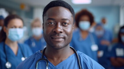 Fototapeta premium A man in scrubs standing next to a group of people. AI.