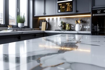 An elegant marble countertop in a modern kitchen setting. The sleek surface reflects soft light, showcasing the luxurious textures and clean lines of contemporary interior design.







