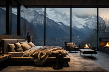 a bedroom with a view of the mountains high quality