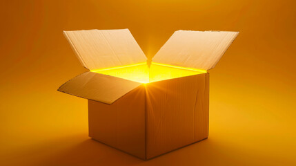 Close-up of an open cardboard box glowing with golden light from inside against a yellow background. Packaging concept.