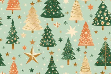 Geometric Christmas tree pattern made of simple shapes and stars on a light green background