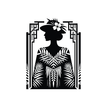 woman wear traditional fashion Polynesian muumuu with tropical patterns