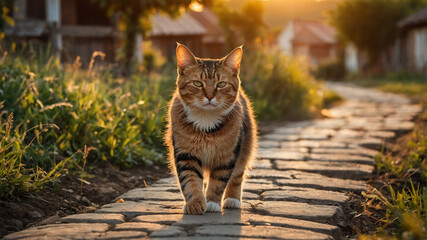 Obraz premium Orange and White Cat Walking on a Stone Footpath in a Village at Sunset, Surrounded by Greenery and Golden Light