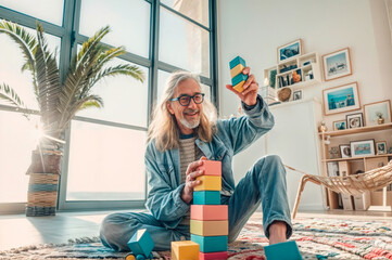 Older man playing with colour blocks in a bright living room. Bringing out your inner child.