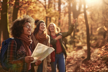 A group of diverse friends hiking in an autumn forest.