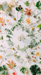 Leaves and flowers scattered on a white background