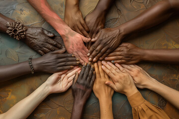 Hands of different skin tones joined together in a circle