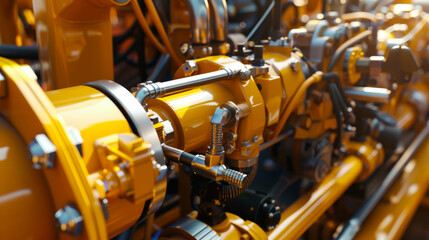Image of hydraulic system of construction machinery. yellow and metallic colors hydraulic arms or hydraulic system.