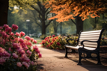 a bench sits in front of a park filled with flowers high quality