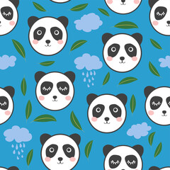 Seamless pattern with cute panda animal faces. Illustration in boho style, dream catcher, cactus, palm trees, tropics