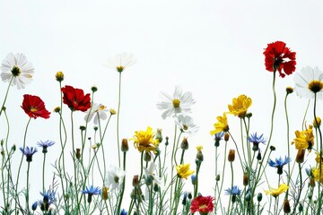 Fototapeta premium Beautiful wildflower meadow with a mix of colorful blooms, captured in bright daylight, showcasing the vibrant colors and lush greenery.