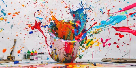 Panoramic Creative paint splatters from a tipped bucket in an art studio