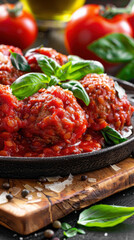 Meatballs in tomato sauce with basil. AI.
