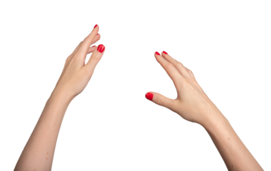Female hand in a virtual reality VR perspective, reaching out with an open palm as if grabbing or catching something. The gesture is elegant and abstract, with a clear, white., transparent PNG