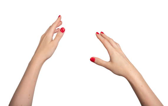 Female hand in a virtual reality VR perspective, reaching out with an open palm as if grabbing or catching something. The gesture is elegant and abstract, with a clear, white., transparent PNG - Powered by Adobe