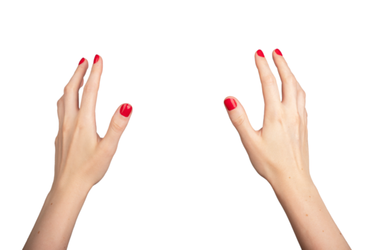 A white hand in a virtual reality VR perspective, reaching out with fingers extended to grab or touch an invisible object. The gesture is elegant and interactive, set against a., transparent PNG