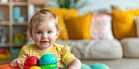 Obraz premium A happy baby plays with a colorful toy. AI.