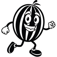 Obraz premium funny running watermelon cartoon character, vector silhouette 