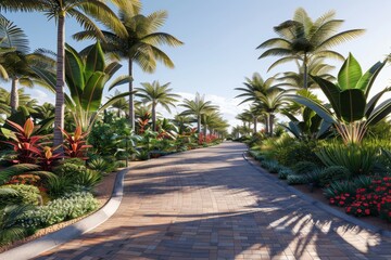 Obraz premium Tropical resort entrance with palm trees and colorful flowers, paved driveway leading to the main building