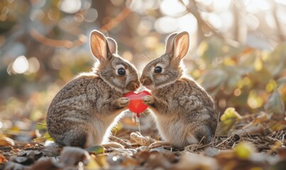 Fototapeta premium Two bunnies share a heart. AI.
